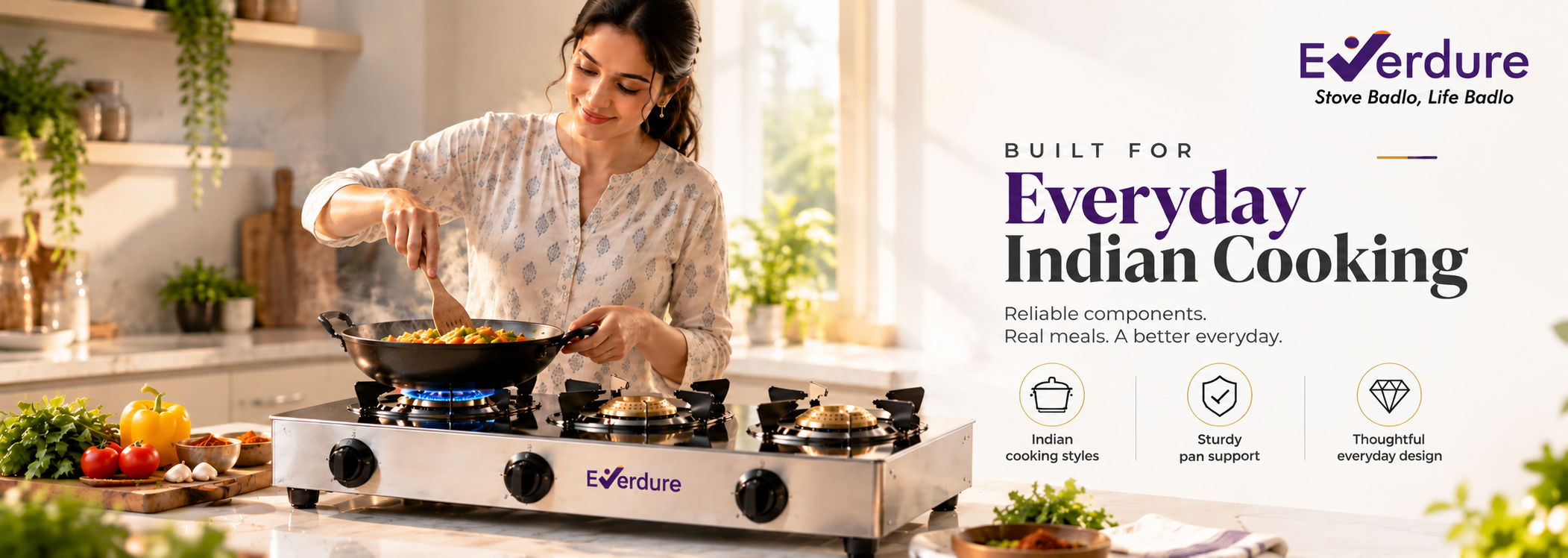 A woman cooking an everyday Indian meal on an Everdure stove